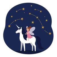 Enchanted fairy riding a unicorn under a starry night sky in flat art vector