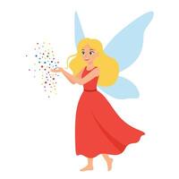 Enchanting fairy spreading colorful magic dust in a whimsical flat illustration vector