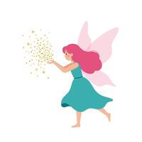 Fairy character with pink hair and wings casting sparkles in flat art vector