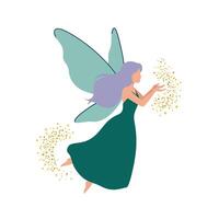 Fairy character in green dress with wings, flat design style, enchanting art vector