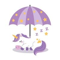 Sleeping unicorn under a purple umbrella with stars in flat art vector