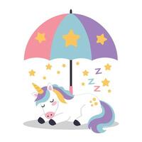 A Sleeping unicorn under colorful umbrella with stars in flat art vector