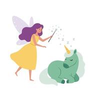Fairy casting spell on sleeping unicorn in minimal illustration vector