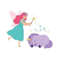 Enchanting fairy casting spell on sleeping unicorn in flat illustration vector