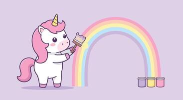 Cute unicorn holding a rainbow in a flat, colorful, whimsical design style illustration vector