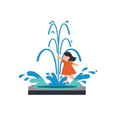 Girl playing joyfully in fountain with water splashes in flat art