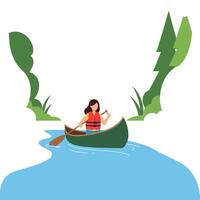 Canoeing on a river with trees in a flat art style vector