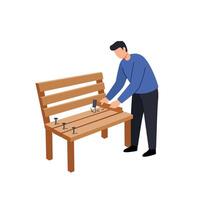 Man assembling a wooden bench in a flat, minimal illustration vector