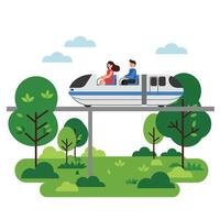 Monorail traveling through a green landscape in flat art vector