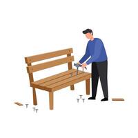 Person assembling wooden bench with tools in flat design style art vector
