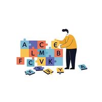 Person assembling colorful puzzle pieces in flat design illustration vector