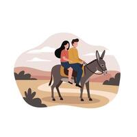 Couple riding a donkey on a path in flat art style illustration vector