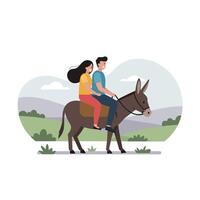 Couple Riding a Donkey in a Flat Style Art Illustration vector