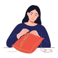 Woman sewing on a bright pillow in a minimal flat illustration vector