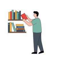 Man organizing books in a flat style art design with vibrant colors and clear shapes illustration vector