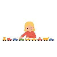 Child playing with colorful toy cars in flat illustration vector