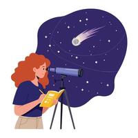 Young astronomer observing a comet with telescope in flat art vector