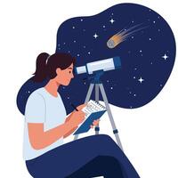 Astronomer observing stars with telescope in flat art style vector