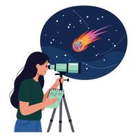 Woman observing a comet with telescope in flat art style vector