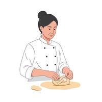 Chef preparing dough with focused expression in detailed flat art vector