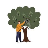 Man harvesting olives from tree in flat and minimal art vector