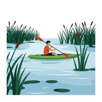 Kayaking in a serene waterway with lush greenery in flat art vector