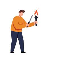 Man holding a torch and sword in flat art style for dynamic action scene vector