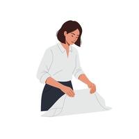 Woman folding a sheet of paper in a minimal design style illustration vector