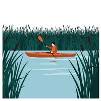 Kayaking adventure in a serene lake with flat design art vector