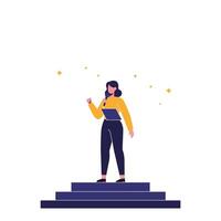 Woman standing triumphantly on steps with flat design elements in art vector