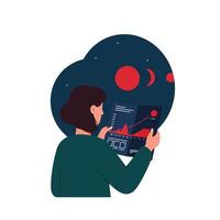 Person analyzing data trends with charts in flat art style vector