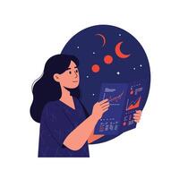 Woman analyzing data with graphs and trends in flat art vector