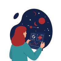 Woman analyzing data with cosmic elements in flat art vector