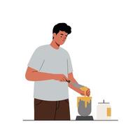Man preparing ingredients with a blender in flat design art vector