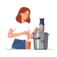 Woman using a juicer to prepare fresh juice in flat art vector