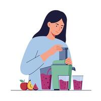 Woman using blender to prepare smoothie in flat art vector