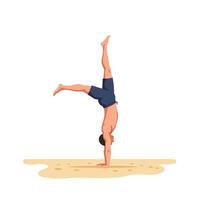Handstand pose by athletic man in minimal flat style illustration vector
