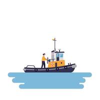 Tugboat navigating water with captain at helm in flat art vector
