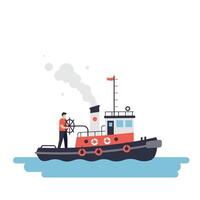 Tugboat with Captain Steering in Flat Minimal Art Style vector