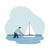 Man adjusting sail on boat in calm water flat illustration vector