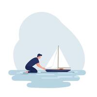 Person preparing a small sailboat in calm waters, minimal art illustration vector