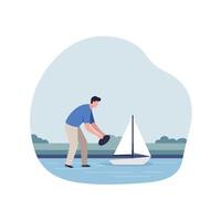 Man launching a small sailboat in a calm lake flat art vector