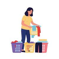 Woman sorting laundry in colorful baskets with flat design style art vector