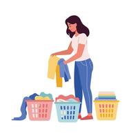 Woman sorting laundry in colorful baskets in flat art vector