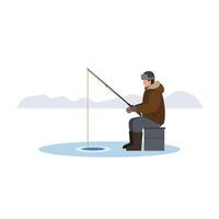 Ice fishing scene featuring a person on a frozen lake in flat art vector