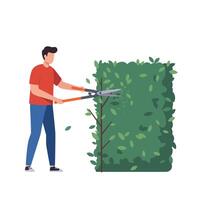 Man trimming bush with scissors in flat design art vector
