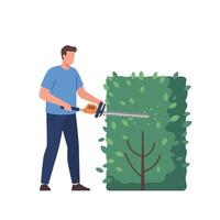 Man trimming hedge with electric trimmer in flat art style vector
