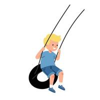 Happy child swinging joyfully on a tire swing in flat art vector