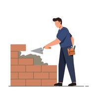 Builder applying cement to bricks in flat design art vector