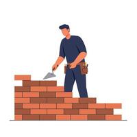 Builder laying bricks in flat design style art vector